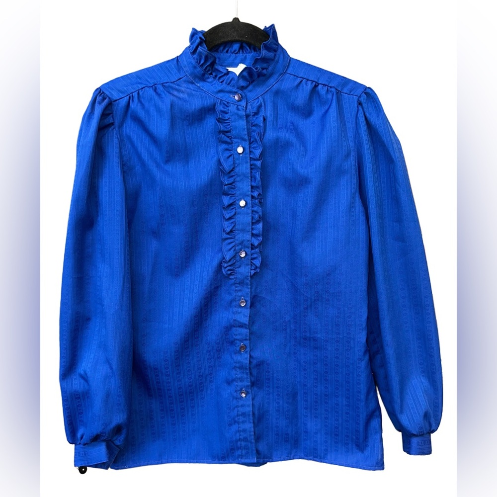 Beautiful Vintage Paris Station Ruffles Royal Blue Secretary Blouse Size 12